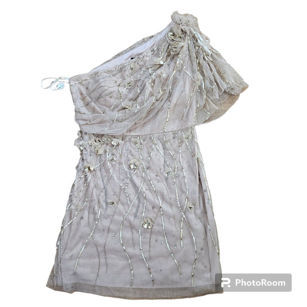 Pronovias Gold Tulle Sequin Mini Dress Size 14 - Picture 2 of 12